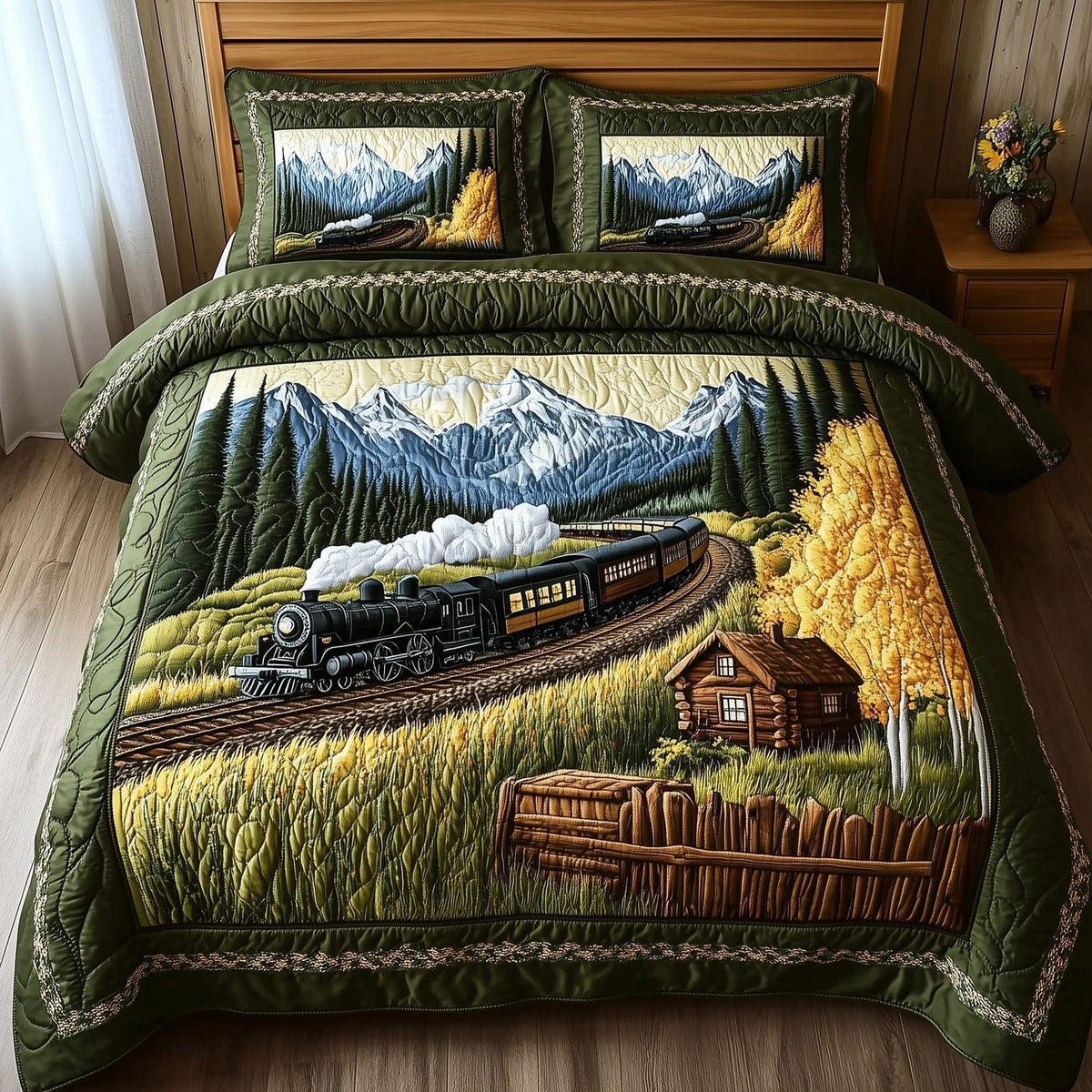Train Forest Trails quilted 3-piece bedding set on a made bed with two matching pillow shams