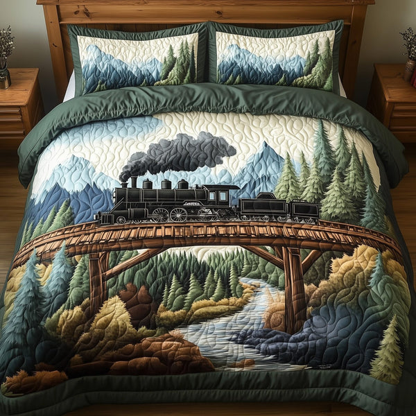 Train Forest Trails quilted 3-piece bedding set on a made bed with two matching pillow shams
