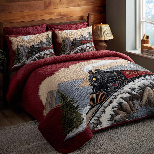 Train Journey quilted 3-piece bedding set on a made bed with two matching pillow shams