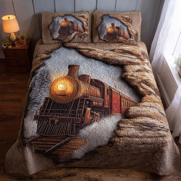 Train Journey quilted 3-piece bedding set on a made bed with two matching pillow shams