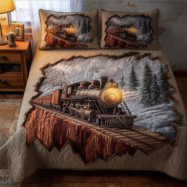 Train Journey quilted 3-piece bedding set on a made bed with two matching pillow shams