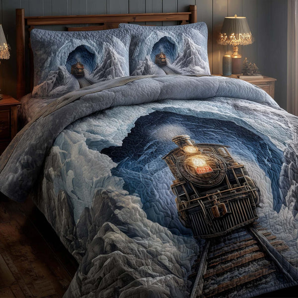 Train Journey quilted 3-piece bedding set on a made bed with two matching pillow shams