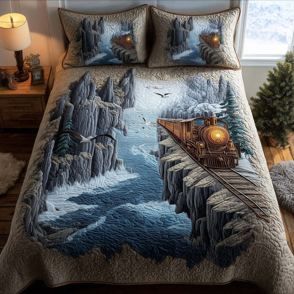 Train Journey quilted 3-piece bedding set on a made bed with two matching pillow shams