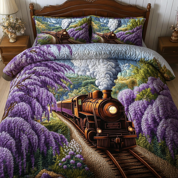 Train Journey quilted 3-piece bedding set on a made bed with two matching pillow shams