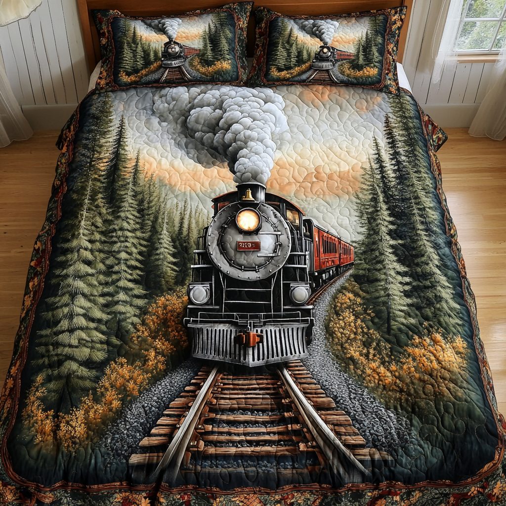 Train Journey quilted 3-piece bedding set on a made bed with two matching pillow shams