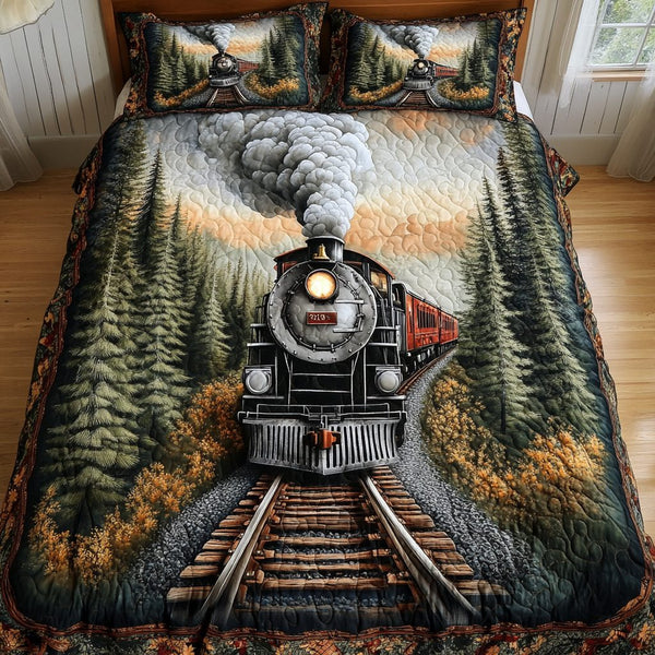 Train Journey quilted 3-piece bedding set on a made bed with two matching pillow shams