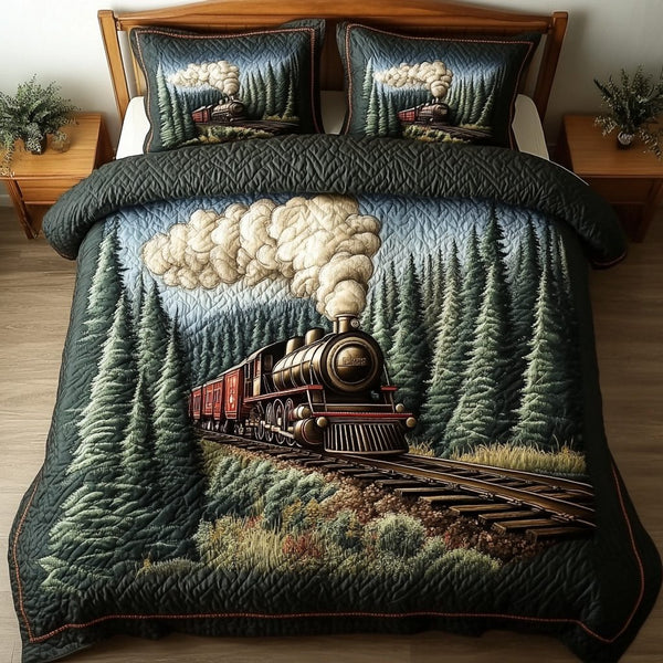 Train Ride quilted 3-piece bedding set on a made bed with two matching pillow shams