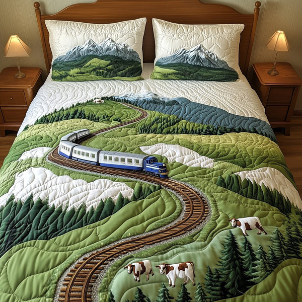 Train To Paradise quilted 3-piece bedding set on a made bed with two matching pillow shams
