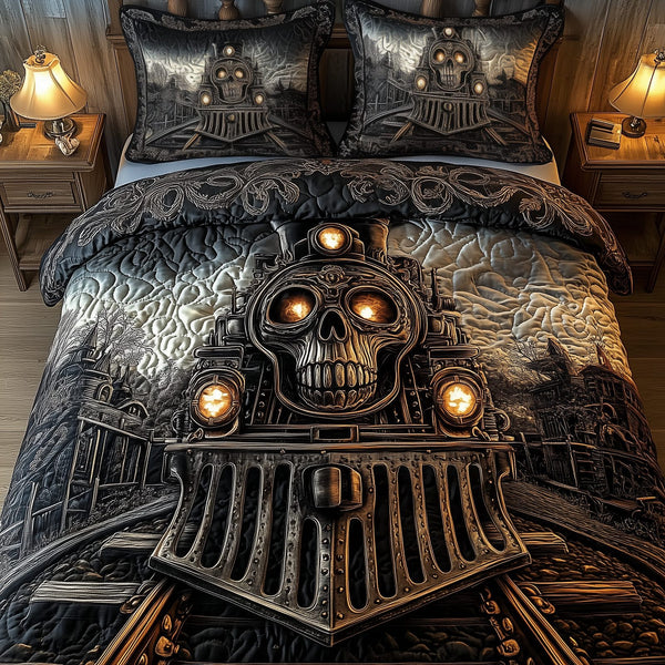 Train to the Skull Land quilted 3-piece bedding set on a made bed against a dark styled interior