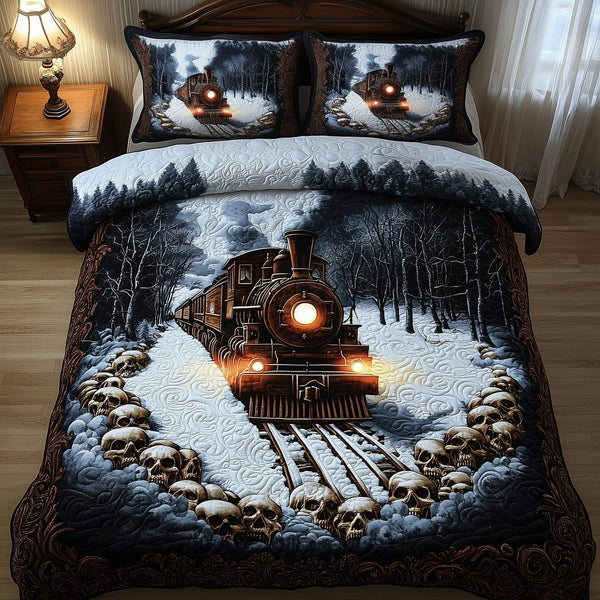 Train to the Skull Land quilted 3-piece bedding set on a made bed against a dark styled interior