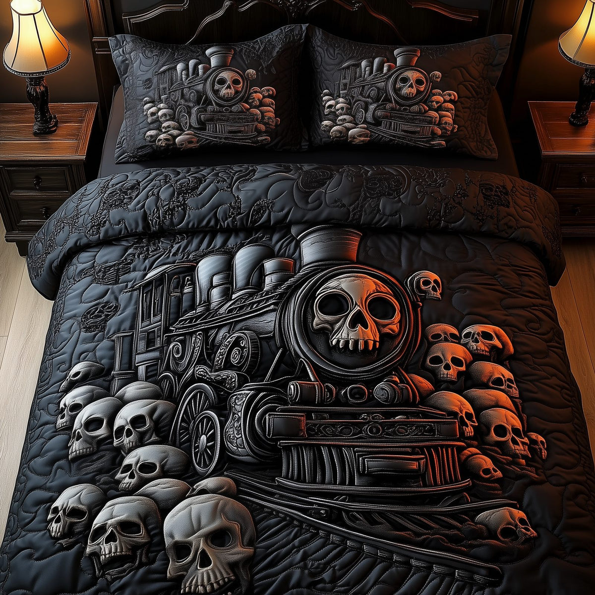 Train to the Skull Land quilted 3-piece bedding set on a made bed against a dark styled interior