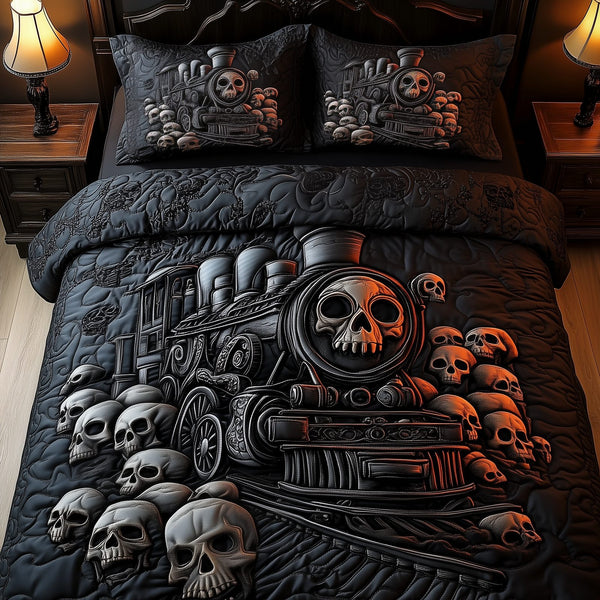 Train to the Skull Land quilted 3-piece bedding set on a made bed against a dark styled interior