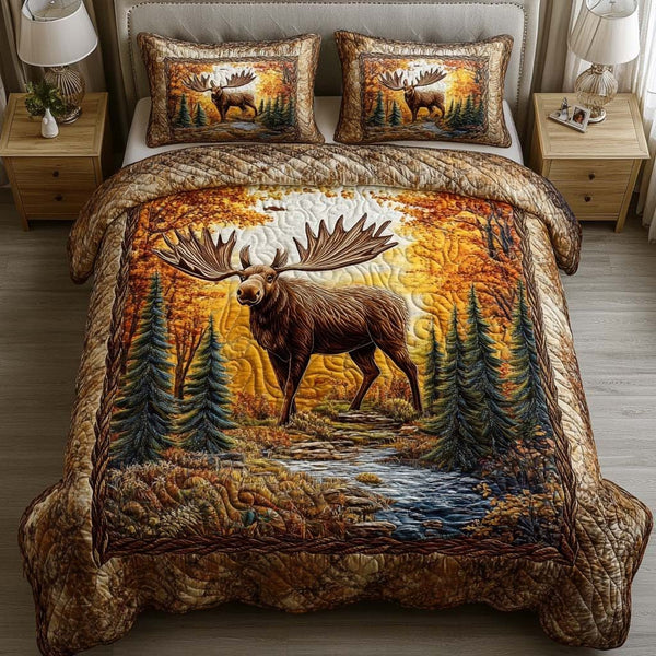 Tranquil Animal Woods quilted 3-piece bedding set on a made bed with two matching pillow shams