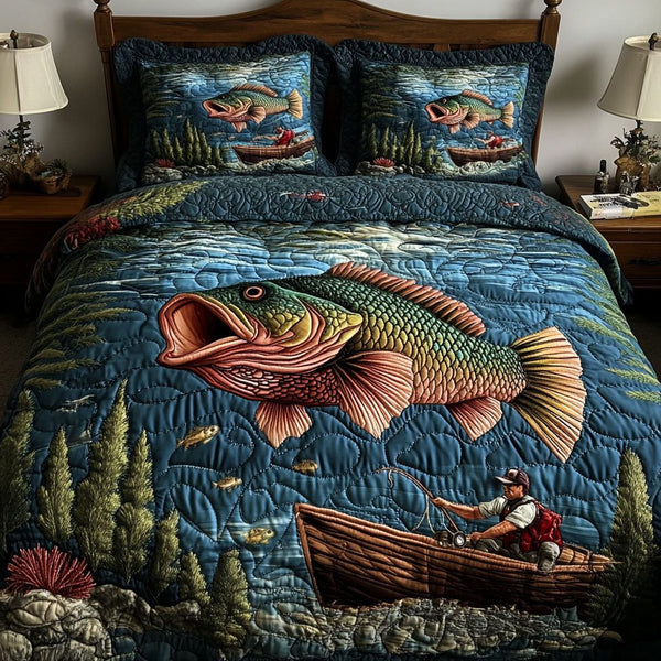 Tranquil Bass quilted 3-piece bedding set on a made bed with two matching pillow shams