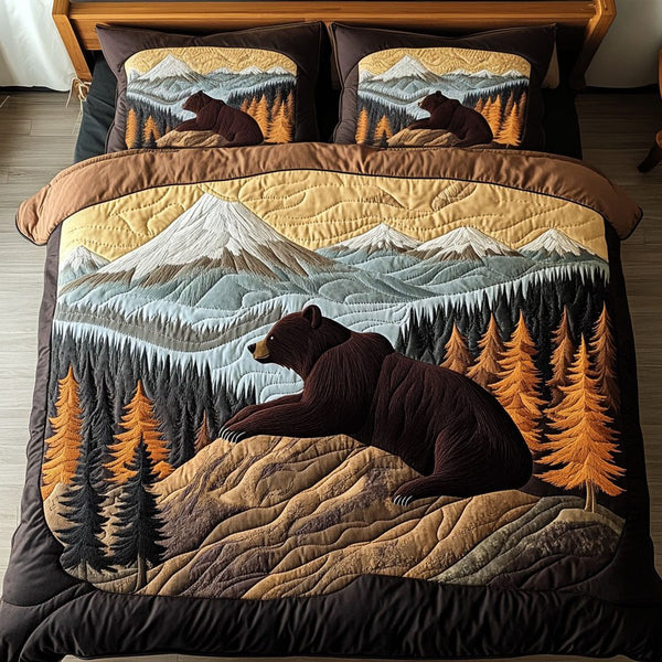 Tranquil Bear Scene quilted 3-piece bedding set on a made bed with two matching pillow shams