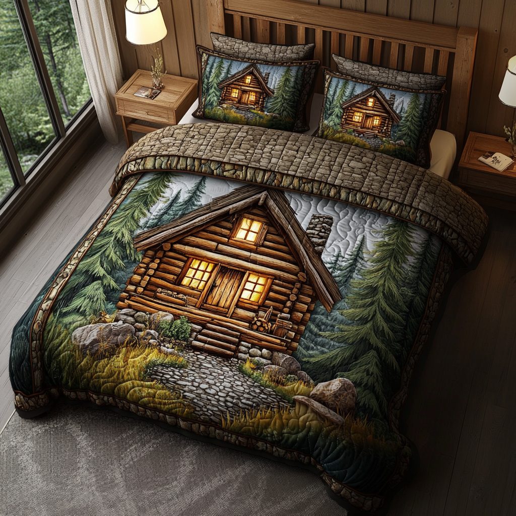 Tranquil Cabin quilted 3-piece bedding set on a made bed with two matching pillow shams