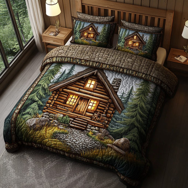 Tranquil Cabin quilted 3-piece bedding set on a made bed with two matching pillow shams