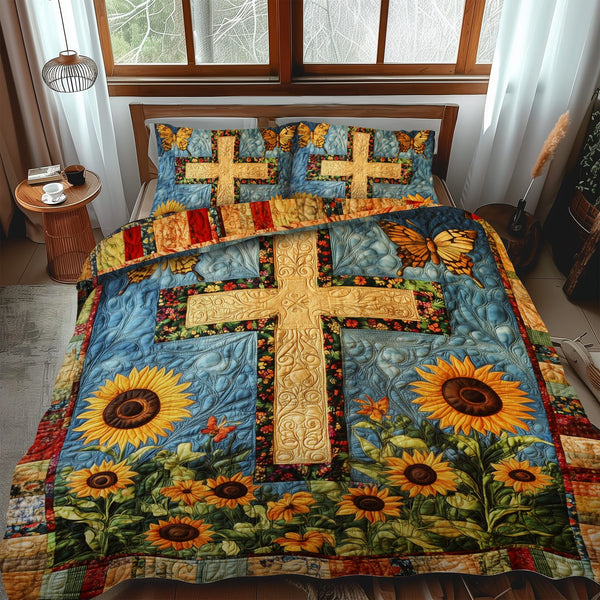 Tranquil Cross quilted 3-piece bedding set on a made bed in a softly lit bedroom