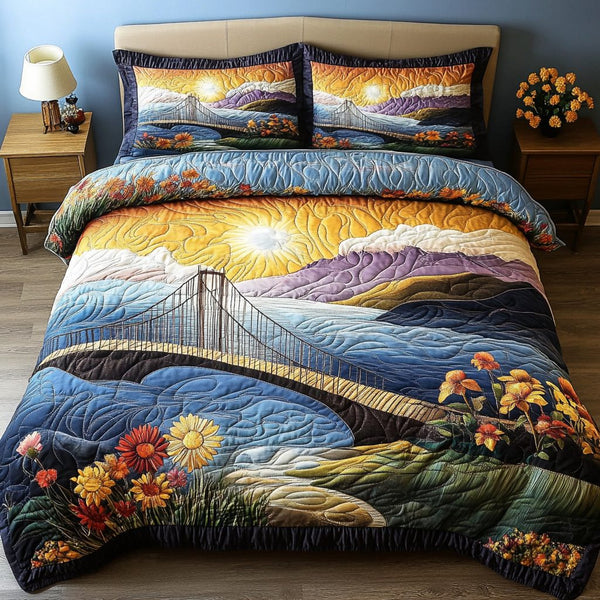 Tranquil Escape quilted 3-piece bedding set on a made bed with two matching pillow shams