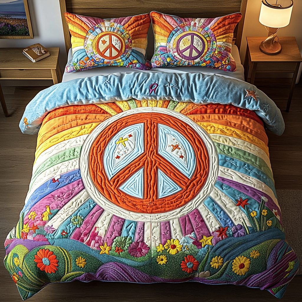 Tranquil Fields quilted 3-piece bedding set on a made bed with two matching pillow shams