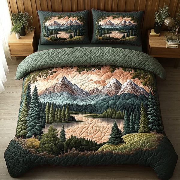 Tranquil Forest quilted 3-piece bedding set on a made bed with two matching pillow shams