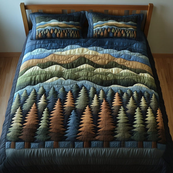 Tranquil Forest quilted 3-piece bedding set on a made bed with two matching pillow shams