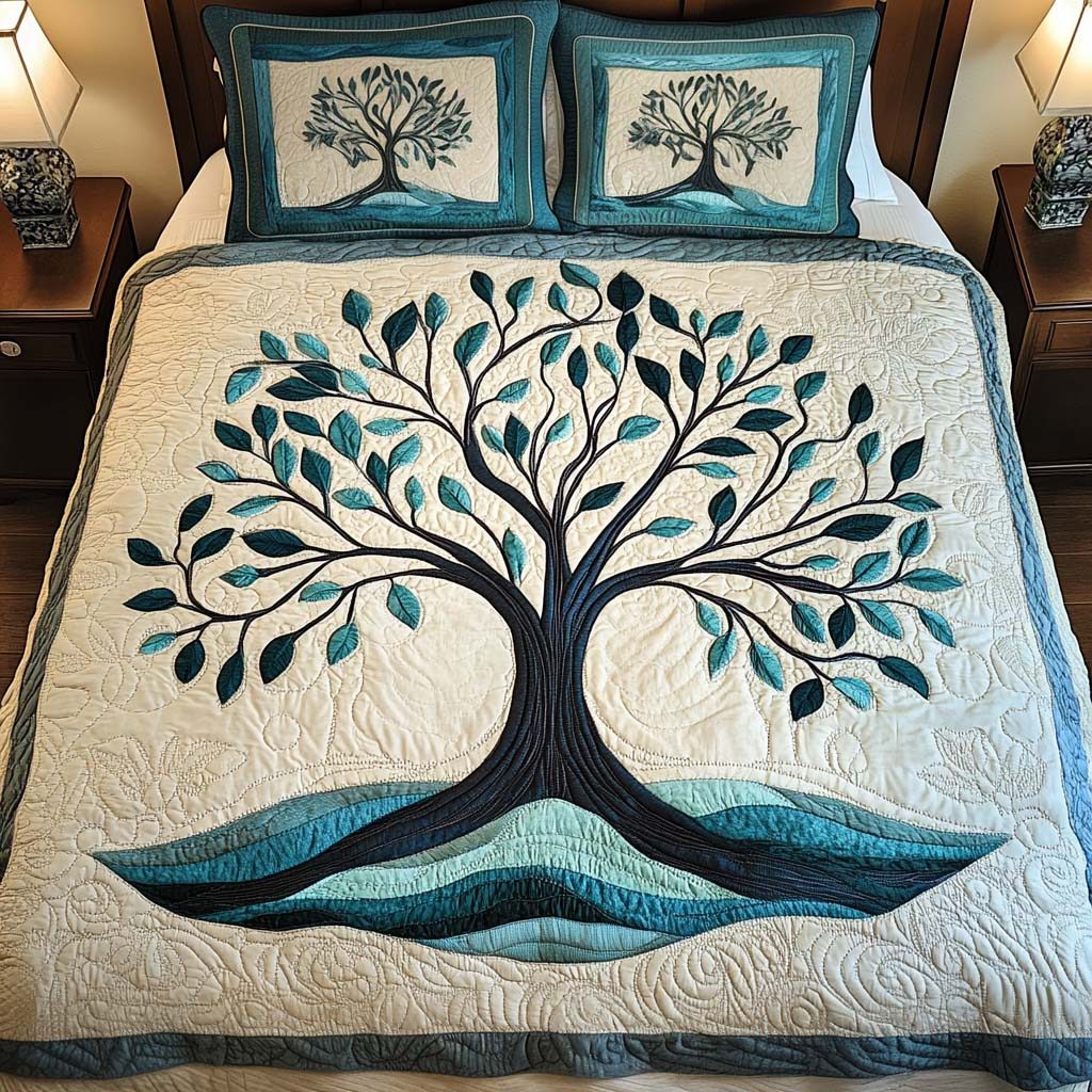 Tranquil Forest quilted 3-piece bedding set on a made bed with two matching pillow shams