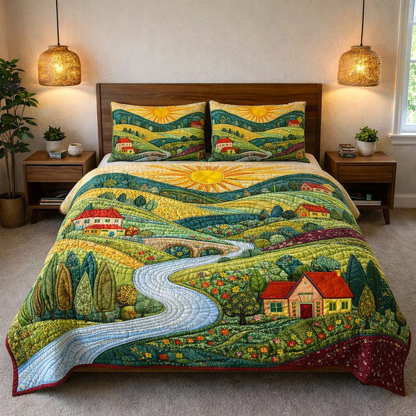 Tranquil Horizon quilted 3-piece bedding set on a made bed with two matching pillow shams