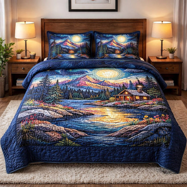 Tranquil Horizon quilted 3-piece bedding set on a made bed with two matching pillow shams