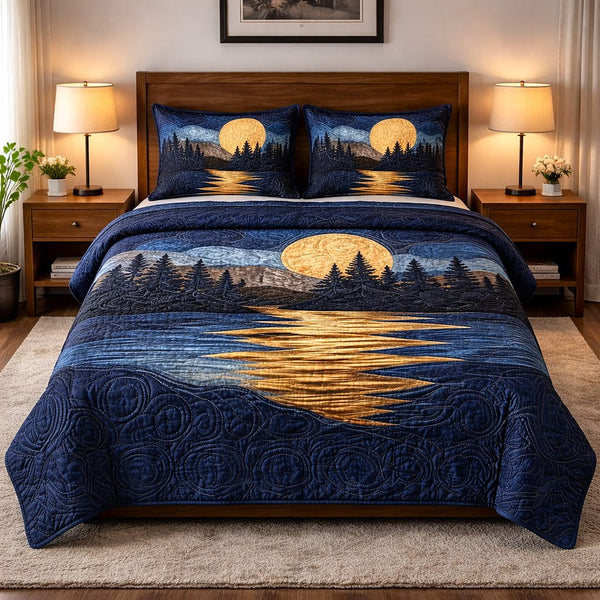 Tranquil Horizon quilted 3-piece bedding set on a made bed with two matching pillow shams