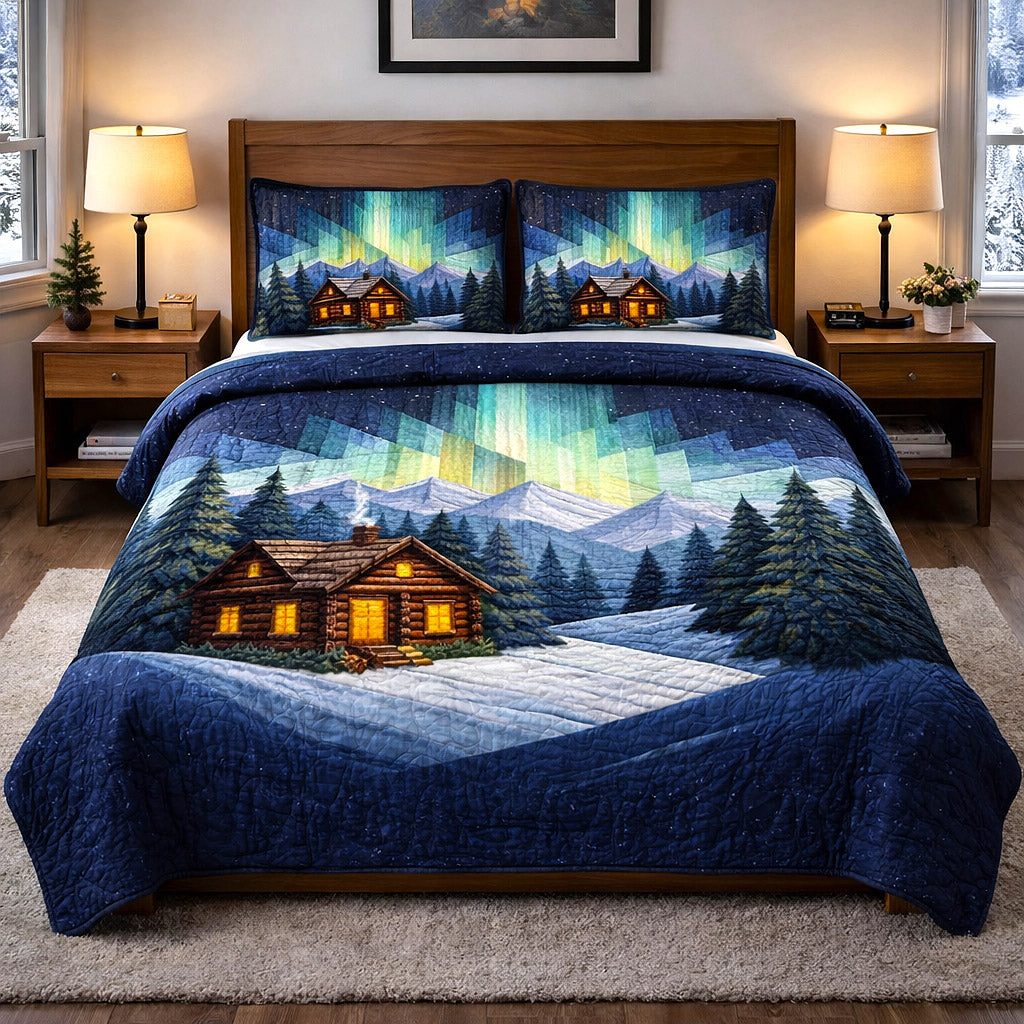 Tranquil Horizon quilted 3-piece bedding set on a made bed with two matching pillow shams