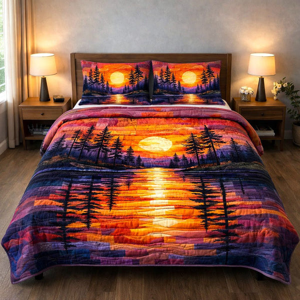 Tranquil Horizon quilted 3-piece bedding set on a made bed with two matching pillow shams
