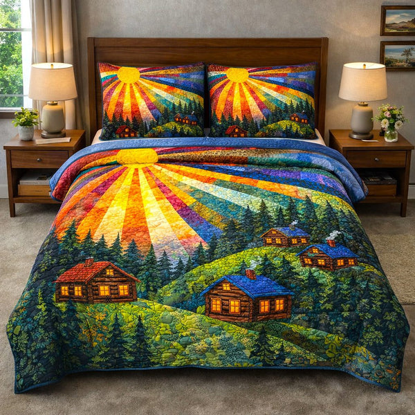Tranquil Horizon quilted 3-piece bedding set on a made bed with two matching pillow shams