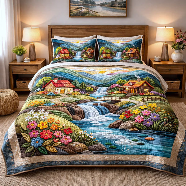 Tranquil Horizon quilted 3-piece bedding set on a made bed with two matching pillow shams