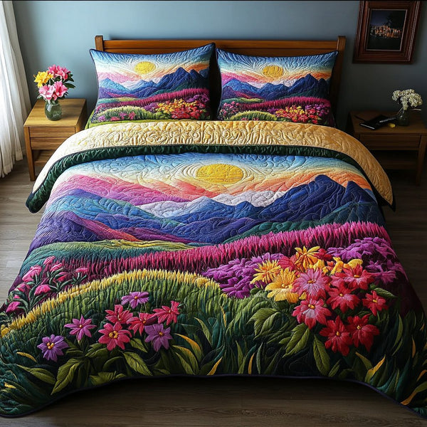 Tranquil Horizon quilted 3-piece bedding set on a made bed with two matching pillow shams
