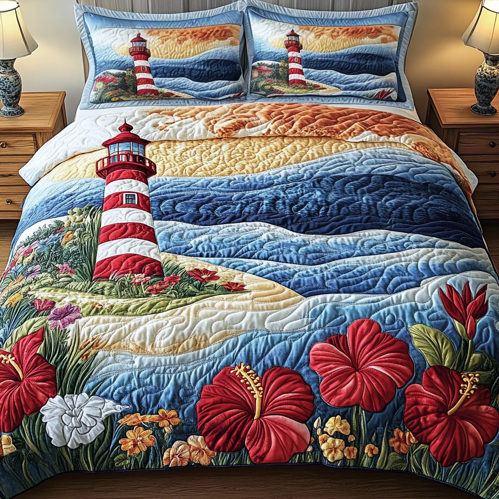 Tranquil Lighthouse quilted 3-piece bedding set on a made bed in a light coastal bedroom