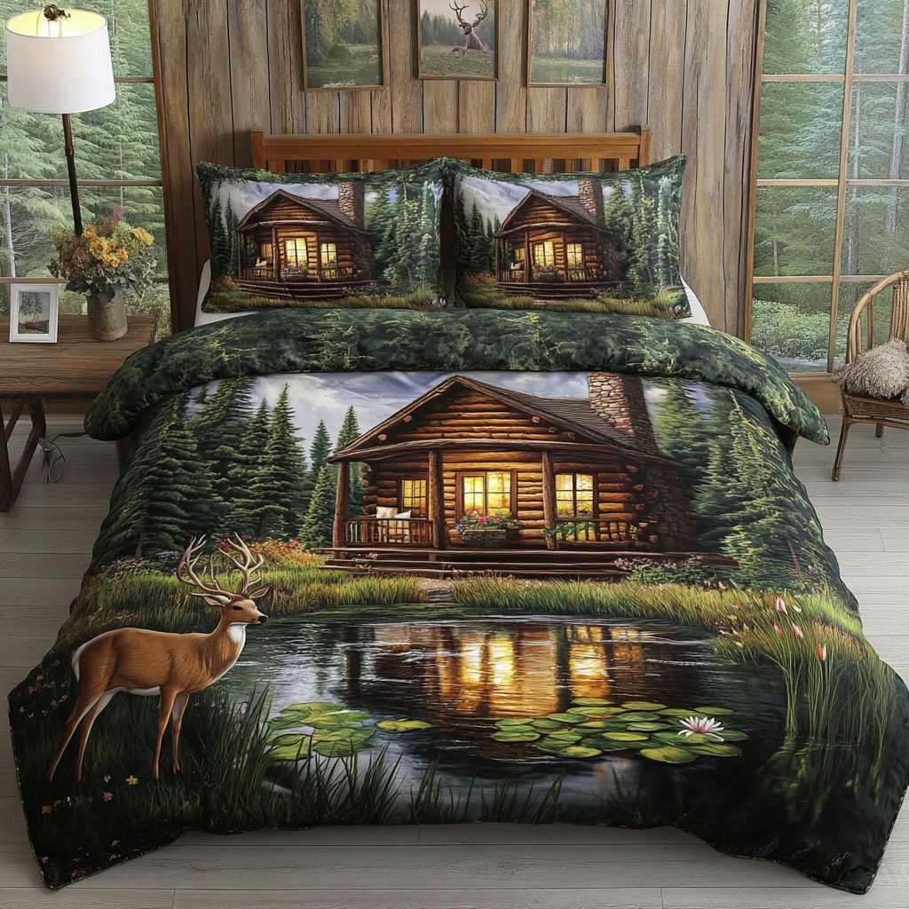 Tranquil Log Cabin V2 quilted 3-piece bedding set on a made bed with two matching pillow shams