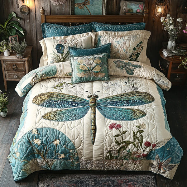 Tranquil Nature quilted 3-piece bedding set on a made bed with two matching pillow shams