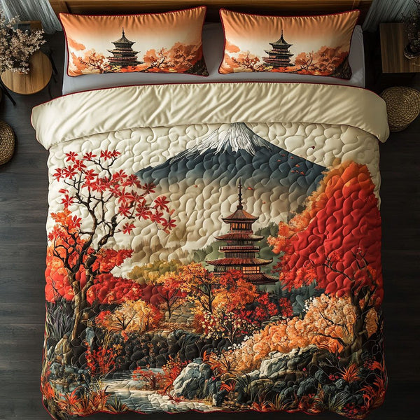 Tranquil Pagoda View quilted 3-piece bedding set on a made bed with two matching pillow shams