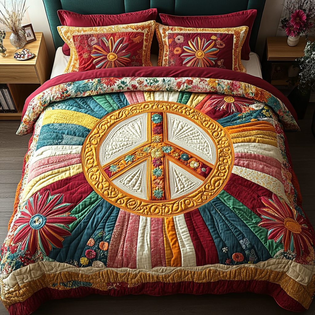 Tranquil Patch quilted 3-piece bedding set on a made bed with two matching pillow shams