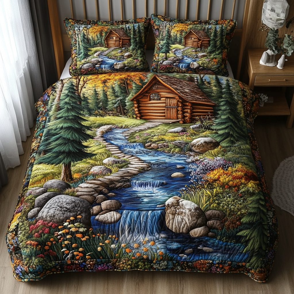 Tranquil Pines quilted 3-piece bedding set on a made bed with two matching pillow shams