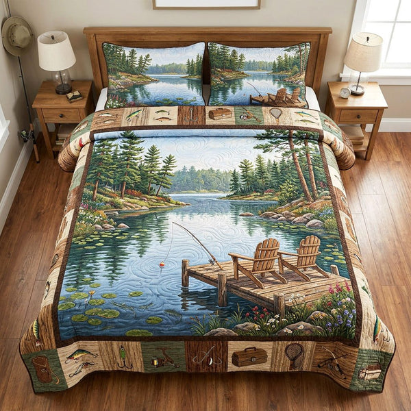 Tranquil Shore quilted 3-piece bedding set on a made bed in a light coastal bedroom