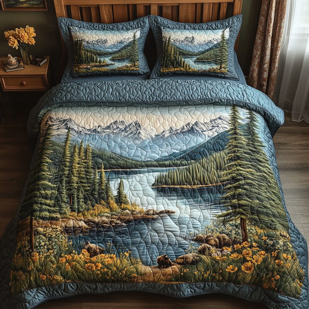 Tranquil Shores quilted 3-piece bedding set on a made bed in a light coastal bedroom