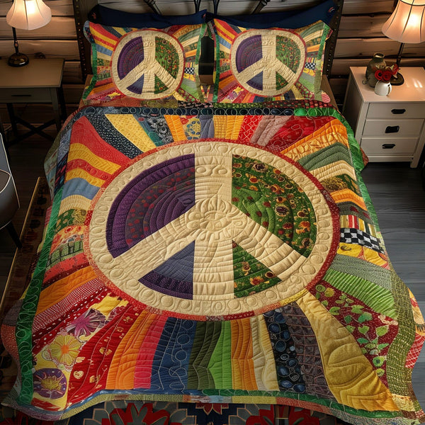 Tranquil Sun quilted 3-piece bedding set on a made bed with two matching pillow shams