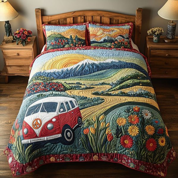 Tranquil Tennessee Travels quilted 3-piece bedding set on a made bed with two matching pillow shams