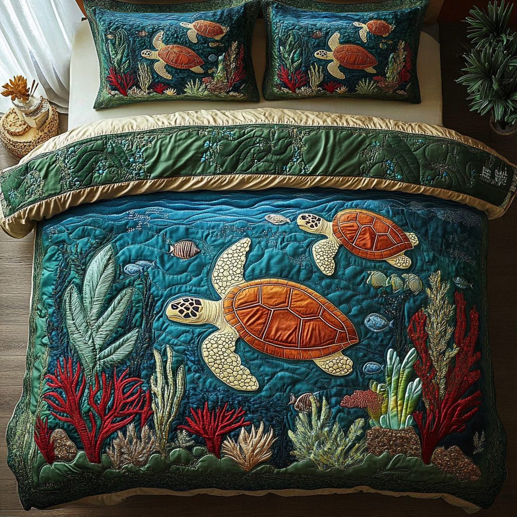 Tranquil Tides quilted 3-piece bedding set on a made bed with two matching pillow shams
