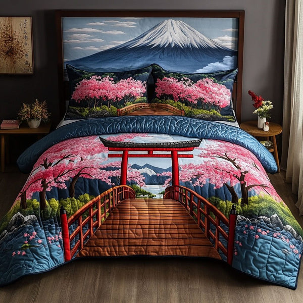 Tranquil Torii quilted 3-piece bedding set on a made bed with two matching pillow shams