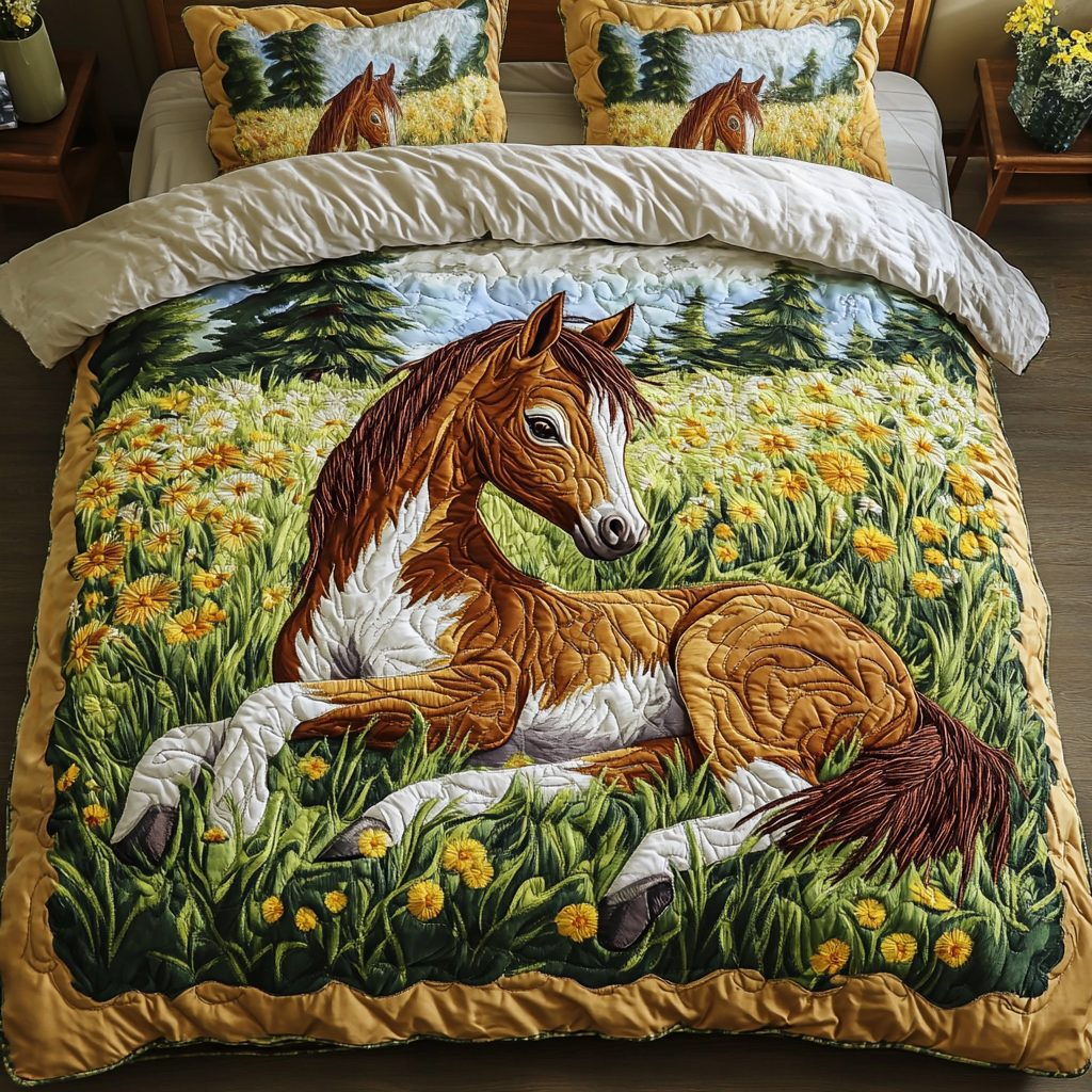 Tranquil Trail quilted 3-piece bedding set on a made bed with two matching pillow shams
