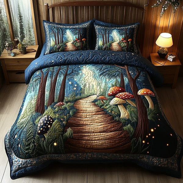 Tranquil Trail quilted 3-piece bedding set on a made bed with two matching pillow shams