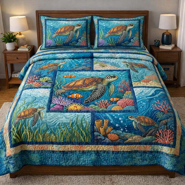 Tranquil Turtle quilted 3-piece bedding set on a made bed in a light coastal bedroom